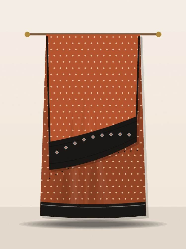 Kantha-Stitch Cotton Saree — Terracotta